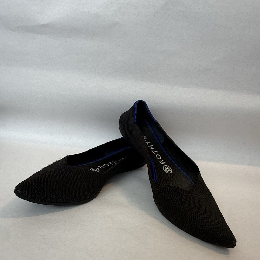 Rothy's The Point Women's 7.5 Black Knit Blue Trim Ballet Flats